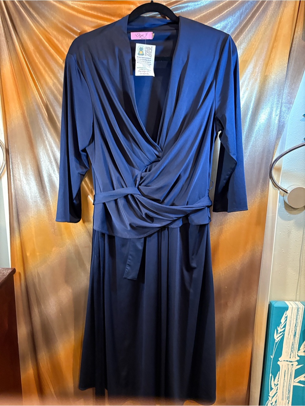 Eliza J Navy Wrap-Front Midi Dress. See pics for measurements box 161